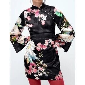 ZARA Women's Size XS Black Floral Print Kimono Long Sleeve Mini Dress NWT